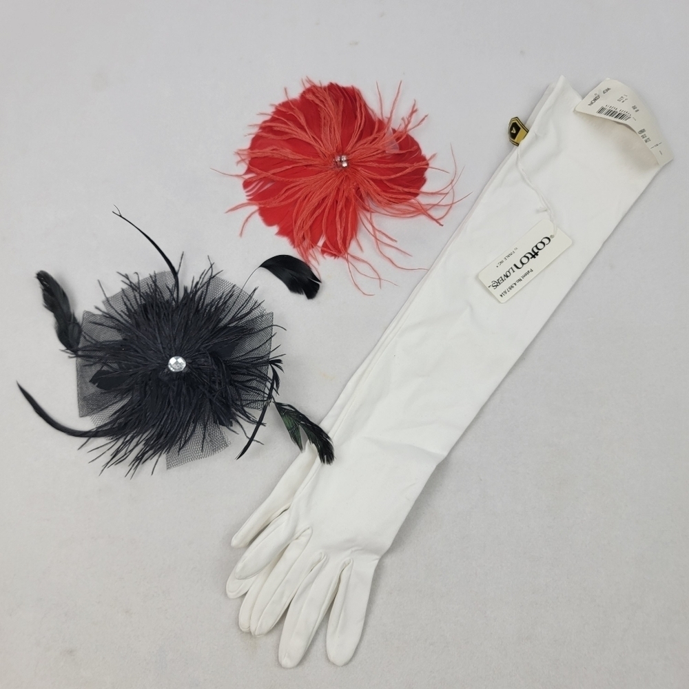 Pinup cosplay white gloves and 2 feather hairclips set